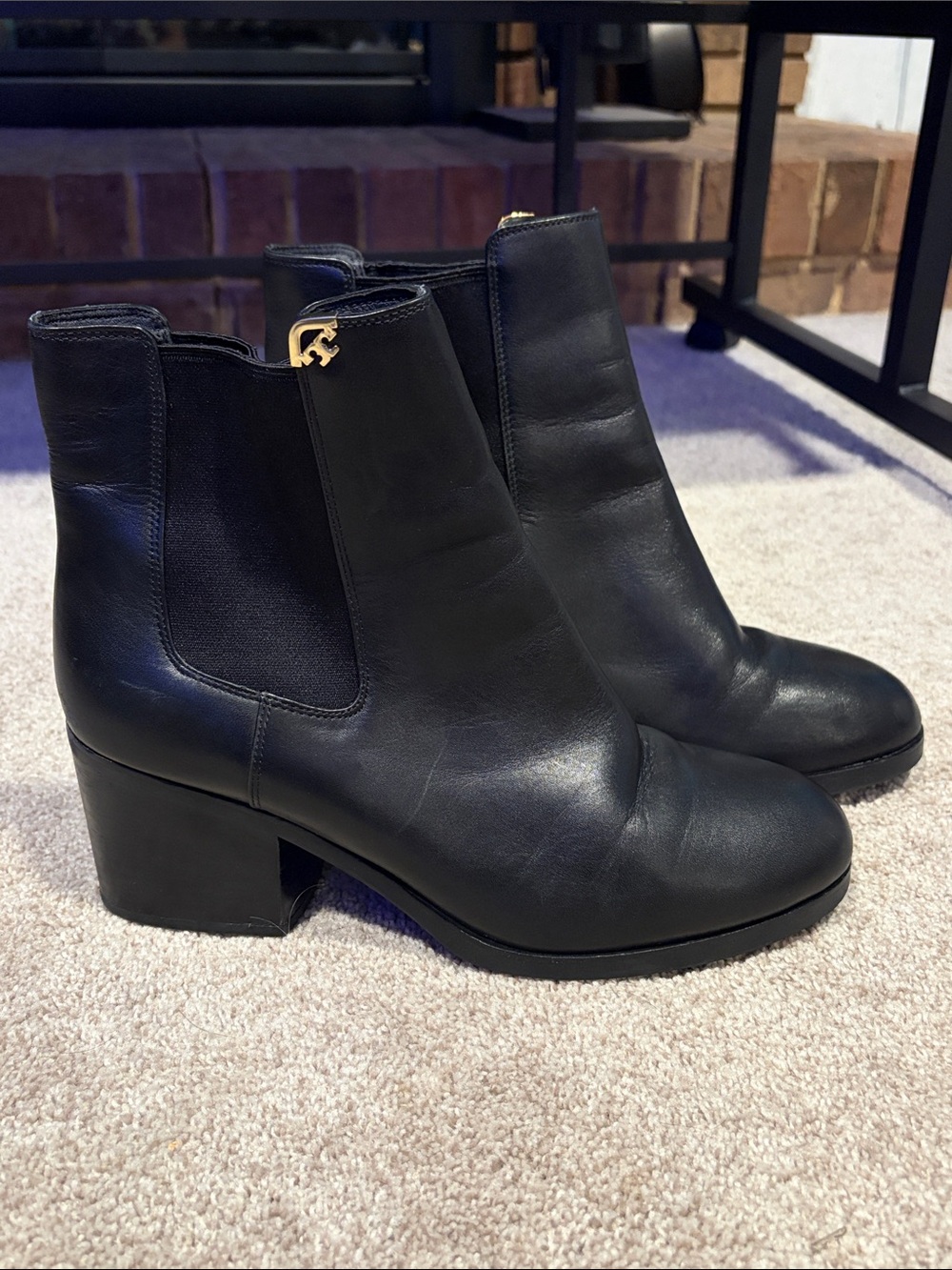 Tory Burch Black Leather Chelsea Block Heel Ankle Boot with Gold Logo Accent